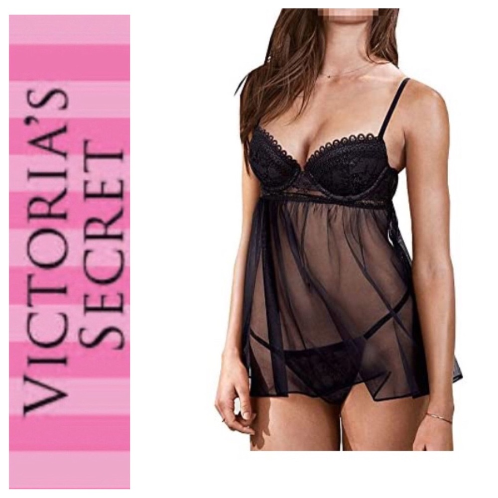 VICTORIAS SECRET SEXY LITTLE THINGS SHEER BLACK AND LACE BABYDOLL SIZE 3…
